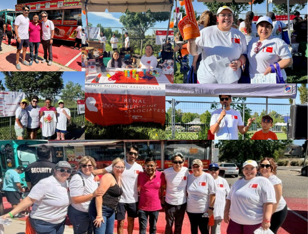 A collage shows groups of smiling people at an outdoor event, including kidney care specialists in New Mexico, many wearing white t-shirts with a red logo, standing by booths, holding prizes, and posing together under sunny weather.